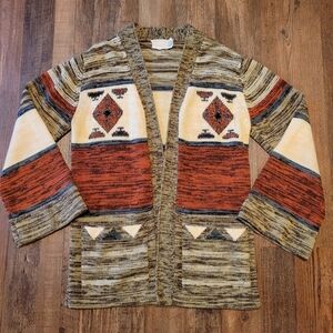 Vintage 70s Space Dye Aztec Wide Sleeve Knit Open Front Cardigan